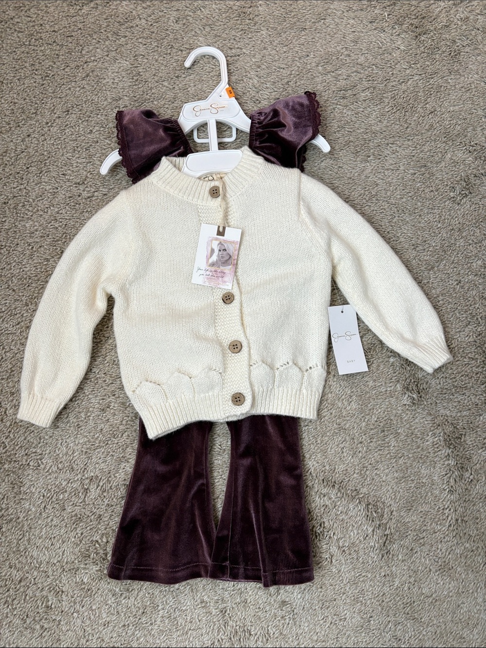 Cream Knit Button Cardigan & Plum Velvet Pant Set
